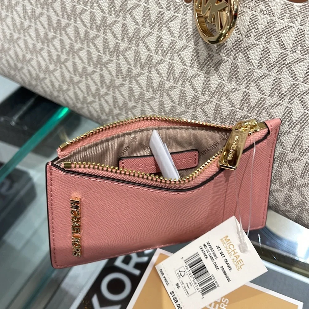 MICHAEL KORS Jet Set Travel Medium Top Zip Leather Card Case Wallet Primrose NWT